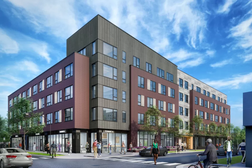 Rendering of Park Station mixed-use development in Woodlawn neighborhood of Chicago, Illinois.